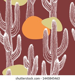Cactus plants texture. Hand-drawn vector seamless pattern with desert plants for your natural design.