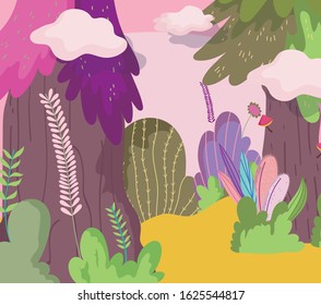 cactus plants trees clouds botanical landscape nature foliage theme vector illustration