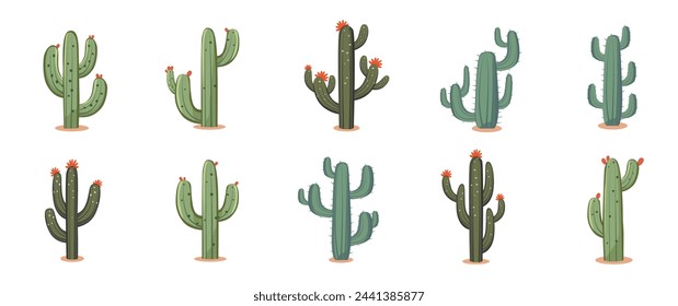 Conjunto de ilustración vectorial de plantas de cactus, elementos de concepto de paisaje del desierto salvaje