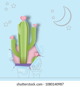 Cactus in pod with copyspace and line drawing background.Paper art style