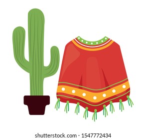 cactus with poncho mexican traditional vector illustration design