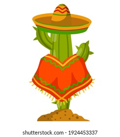 Cactus in poncho and sombrero. Mexican character. National symbols and desert plants. South American clothing. Flat cartoon illustration