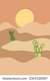 Cactus poster. Desert landscape. Sand hills. Wild nature panorama. Saguaro plants. Cacti succulents. Mexican mountain. Wilderness sky horizon. Doodle drawing. Vector scenery background