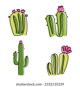 Cactus poster. Saguaro plants. Cacti with flowers. Green cactaceae succulents. Cute prickly houseplants. Doodle line drawing. Wilderness botany. Vector botanical isolated elements set