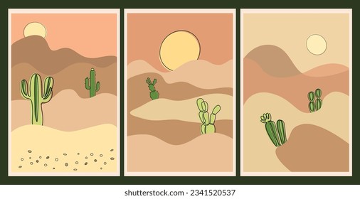 Cactus posters. Desert background. Sand and sun. Mexican sunset landscape. Simple wall art decor. Cards and covers design, doodle drawing. Hot summer arizona mountains. Vector minimal illustration