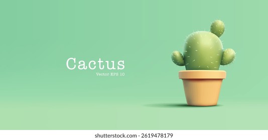 Cactus in a pot, 3D. Desert plant. Realistic cactus on turquoise background. Vector illustration.