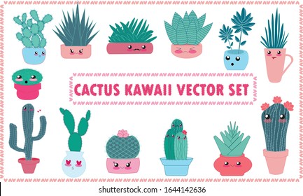 Cactus Pot Characters Kawaii Vector Illustration 