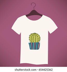 Cactus in a pot for clothing for girls and women. Design of the layout of the print on the T- shirt. Cactus collection.
