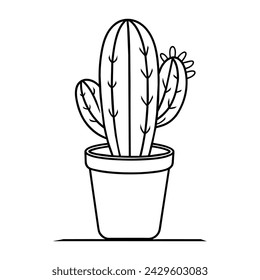 Cactus en una olla Línea continua de arte sobre fondo blanco