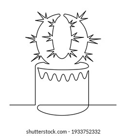 Cactus in pot, continuous line. Vector illustration, isolated on white background.