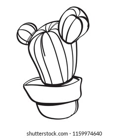 Cactus in a pot contour illustration for coloring. Template for tattoo.