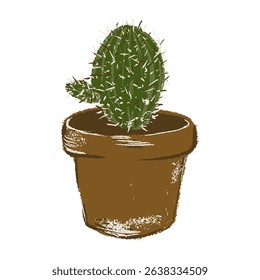 Cactus in Pot. Cottagecore Chalk Crayon Houseplant in Clay Pot. Hand Drawing Aesthetic Vintage Plant. Vector Illustration Isolated 