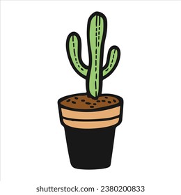 Cactus in a pot, cute cartoon line drawing