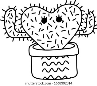 Cactus in a pot. Desert plant with needles. Doodle houseplant vector illustration for wedding design, logo, greeting card or seasonal design. Separate on a white background.
