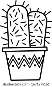 Cactus in a pot. Desert plant with needles. Doodle houseplant vector illustration for wedding design, logo, greeting card or seasonal design. Separate on a white background.