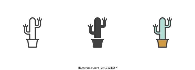 Cactus pot different style icon set. Line, glyph and filled outline colorful version, outline and filled vector sign. Symbol, logo illustration. Vector graphics
