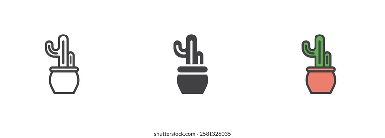 Cactus in a pot different style icon set. Line, glyph and filled outline colorful version, outline and filled vector sign. Symbol, logo illustration. Vector graphics