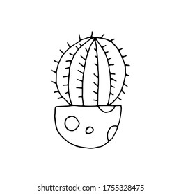 Cactus in pot in doodle cartoon style isolated on white background. Vector outline potted plant collection.  Print t shirt.