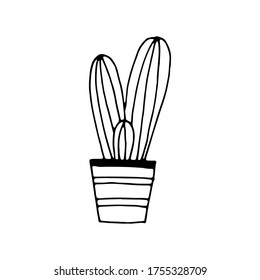 Cactus in pot in doodle cartoon style isolated on white background. Vector outline potted plant collection.  Print t shirt.