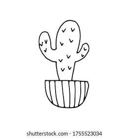 Cactus in pot in doodle cartoon style isolated on white background. Vector outline potted plant collection.  Print t shirt.