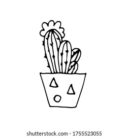 Cactus in pot in doodle cartoon style isolated on white background. Vector outline potted plant collection.  Print t shirt.