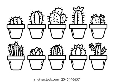 Cactus in pot doodle set for coloring pages or graphic tee