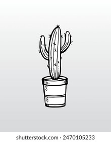 Kaktus in einem Topfkritzel, Vektorillustration einer Kaktusblütenpflanze, isoliert auf weißem Grund.
