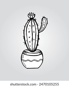 Cactus in a pot doodle, vector illustration of a cactus succulent plant, isolated on a white background.