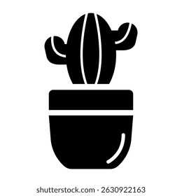 Cactus in Pot Fill Icon. Black and White Cactus Symbol