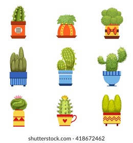 Cactus In Pot Flat Cartoon Childish Cartoon Style Set Of Vector Icons Isolated On White Background