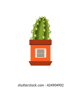 Cactus In A Pot Flat Cartoon Childish Style  Vector Icon Isolated On White Background