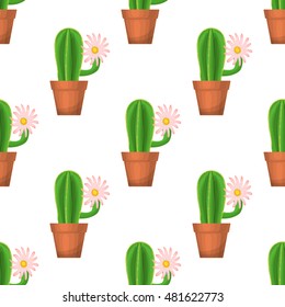 Cactus in pot - floral seamless pattern. Vector succulent plant with flower on a white. Green garden background. Summer nature illustration with houseplant in cartoon style