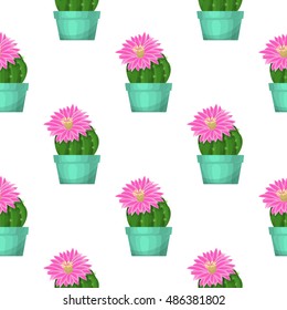 Cactus in pot - floral seamless pattern. Vector succulent plant with flower on a white. Green garden background. Summer nature illustration with houseplant in cartoon style