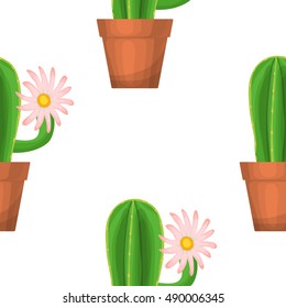 Cactus in pot - floral seamless pattern. Vector succulent plant with flower on a white. Green garden background. Summer nature illustration with houseplant in cartoon style