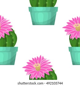 Cactus in pot - floral seamless pattern. Vector succulent plant with flower on a white. Green garden background. Summer nature illustration with houseplant in cartoon style