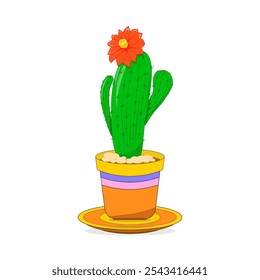 Cactus in the pot, flower pot, spiny, with flower, alone, isolated on white. Vector plant, botanical illustration. Decoration, decorative element.