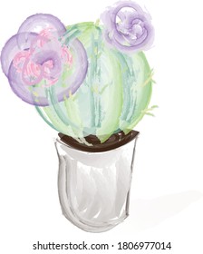 Cactus in a pot with a flower vector image imitation of watercolors