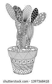 cactus in a pot, flower in zenart style, black and white drawing, doodle, still life