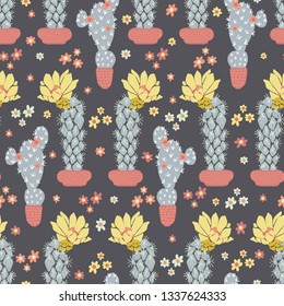 Cactus in pot flowering bloom seamless pattern. Indoor succulent houseplant flower vector illustration. Repeatable flat design wallpaper. Hand drawn pretty desert cacti garden plant decor background.