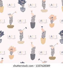 Cactus in pot flowering bloom seamless pattern. Indoor succulent houseplant flower vector illustration. Repeatable flat design wallpaper. Hand drawn pretty desert cacti garden plant decor background.