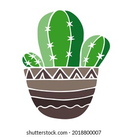 Cactus in the pot with geometric ornament. Vector illustration isolated on white.