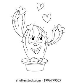 cactus in a pot with hearts is drawn in the style of black doodles, a line. Children's coloring book, anti-stress. Beautiful floral vector drawing. Houseplant.