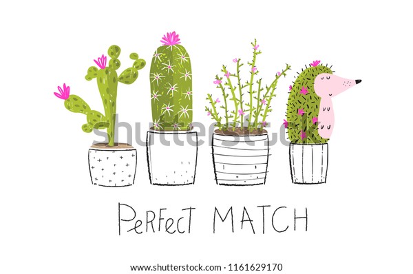 Cactus in pot and hiding hedgehog. Urchin or\
hedgehog in the flower pot with\
cactus.