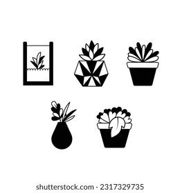 Cactus pot or home desk plant vector icon black and white silhouette set illustration isolated on square white background. Simple flat minimalist outlined cartoon drawing. Botanical natural art.