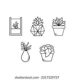 Cactus pot or home desk plant vector icon set illustration isolated on square white background. Simple flat minimalist outlined cartoon drawing. Botanical natural garden art.