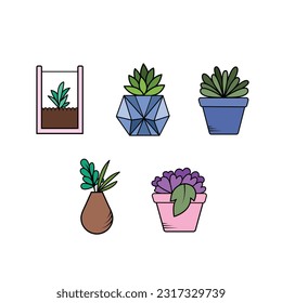 Cactus pot or home desk plant vector icon full colored set illustration isolated on square white background. Simple flat minimalist outlined cartoon drawing. Botanical natural garden art.