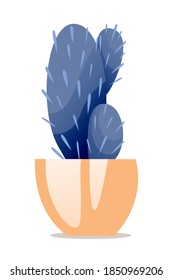 Cactus in pot at home. Interior design houseplant vector illustration. Cartoon house or office cacti with thorns standing in vase indoor. Decorative cactus isolated on white background.