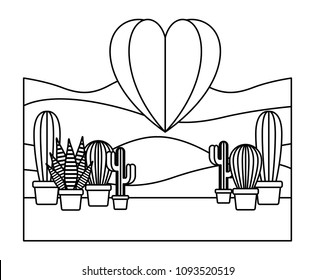 cactus in pot houseplant with heart landscape scene