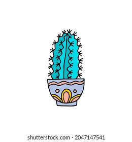 Cactus in pot. Houseplants. An exotic plant. Thorns. Plant. Vector. Doodle. Hand-drawn illustration.