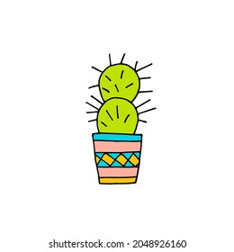 Cactus in pot. Houseplants. An exotic plant. Thorns. Plant. Vector. Doodle. Hand-drawn illustration.